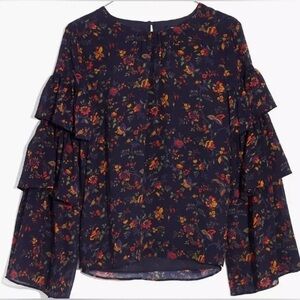 Madewell Navy Floral Tiered Sleeve Blouse